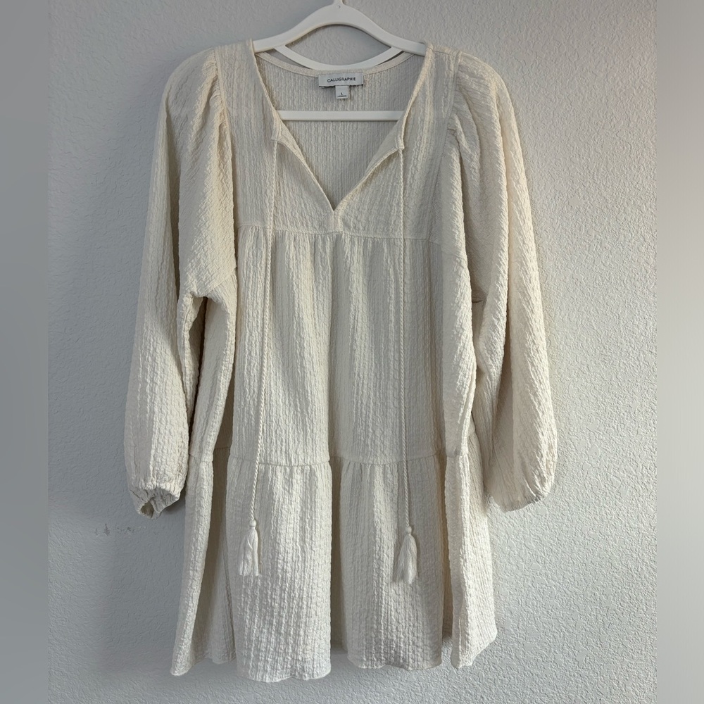 Calligraphie Cream Textured Peasant V-Neck Boho Tassel Flowy Top Blouse L